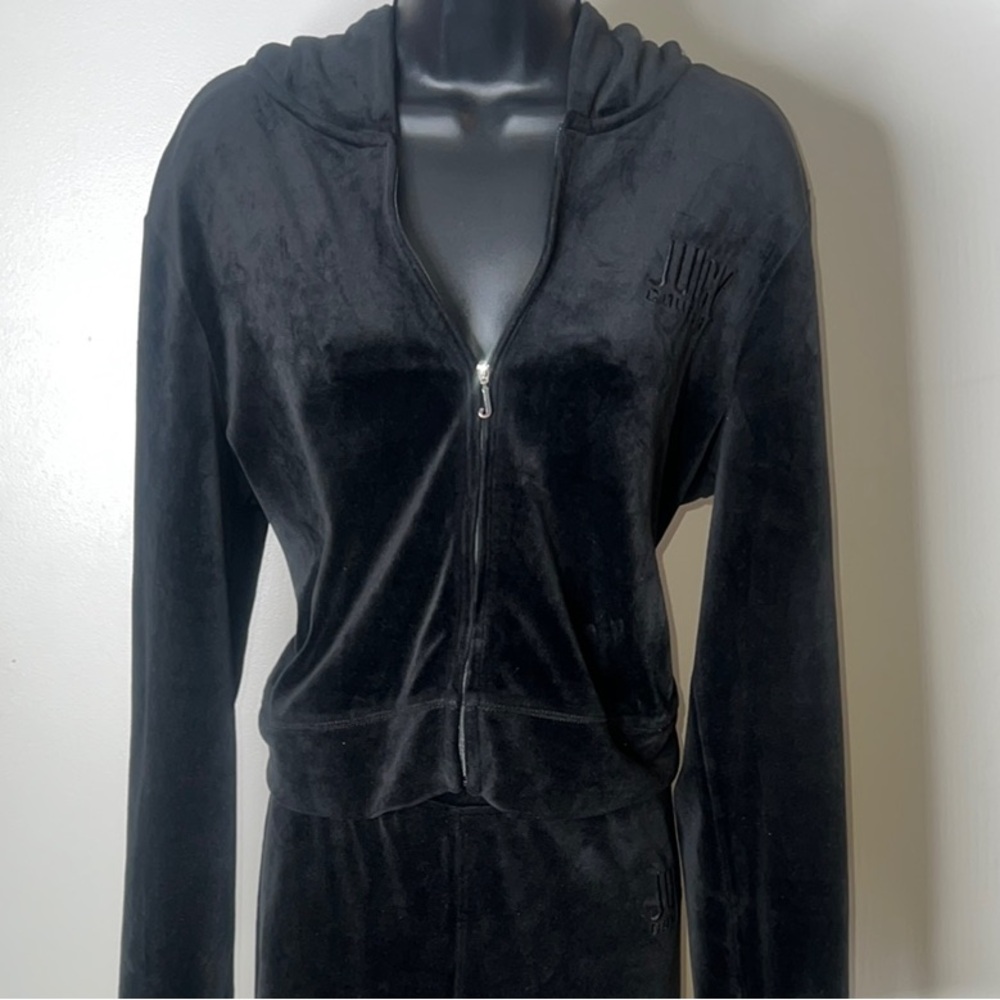(Juicy Couture Authentic Velour Jumpsuit) Black Hoodie and Pants Set Velour Set